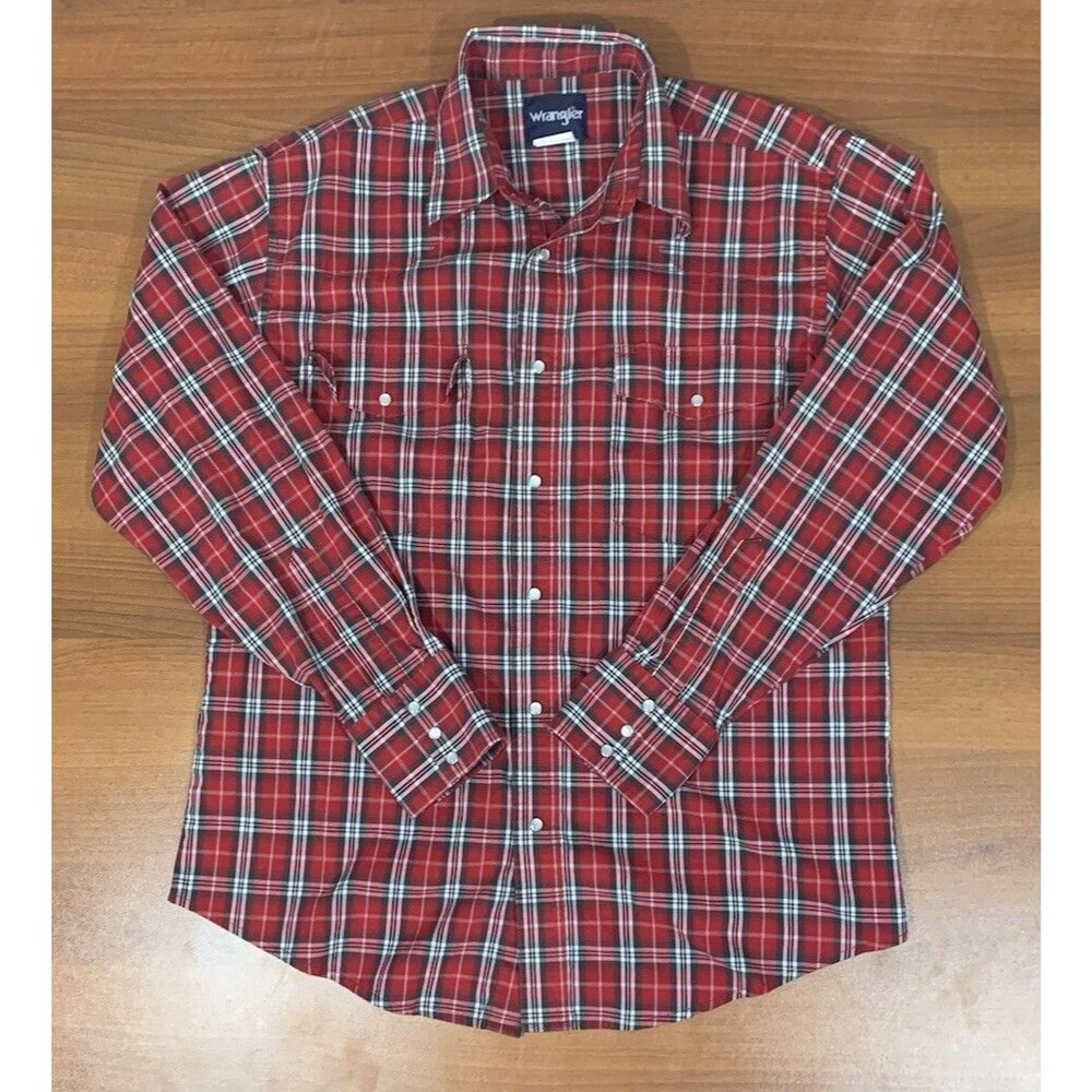Vintage Wrangler Shirt Mens Large Pearl Snap Western Rodeo Tartan Plaid Red